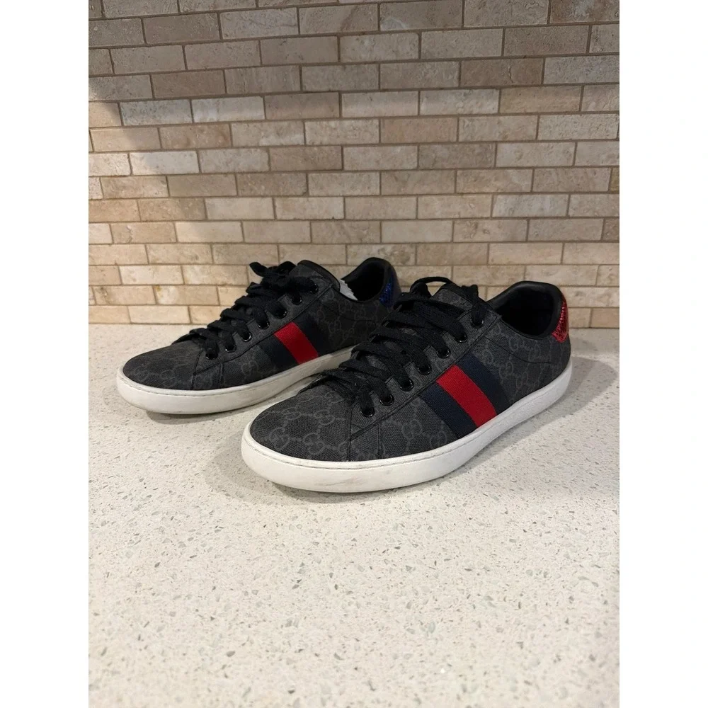 Gucci Ace GG Supreme Sneakers 429445 Gray Black Red Blue Web Stripe Size 10